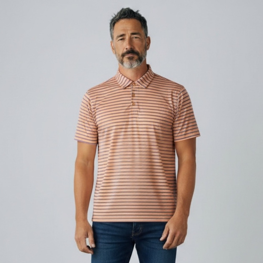 Peter Millar Polo Shirt Mens Large Purple Orange Stripe Golf‎ Active Performance